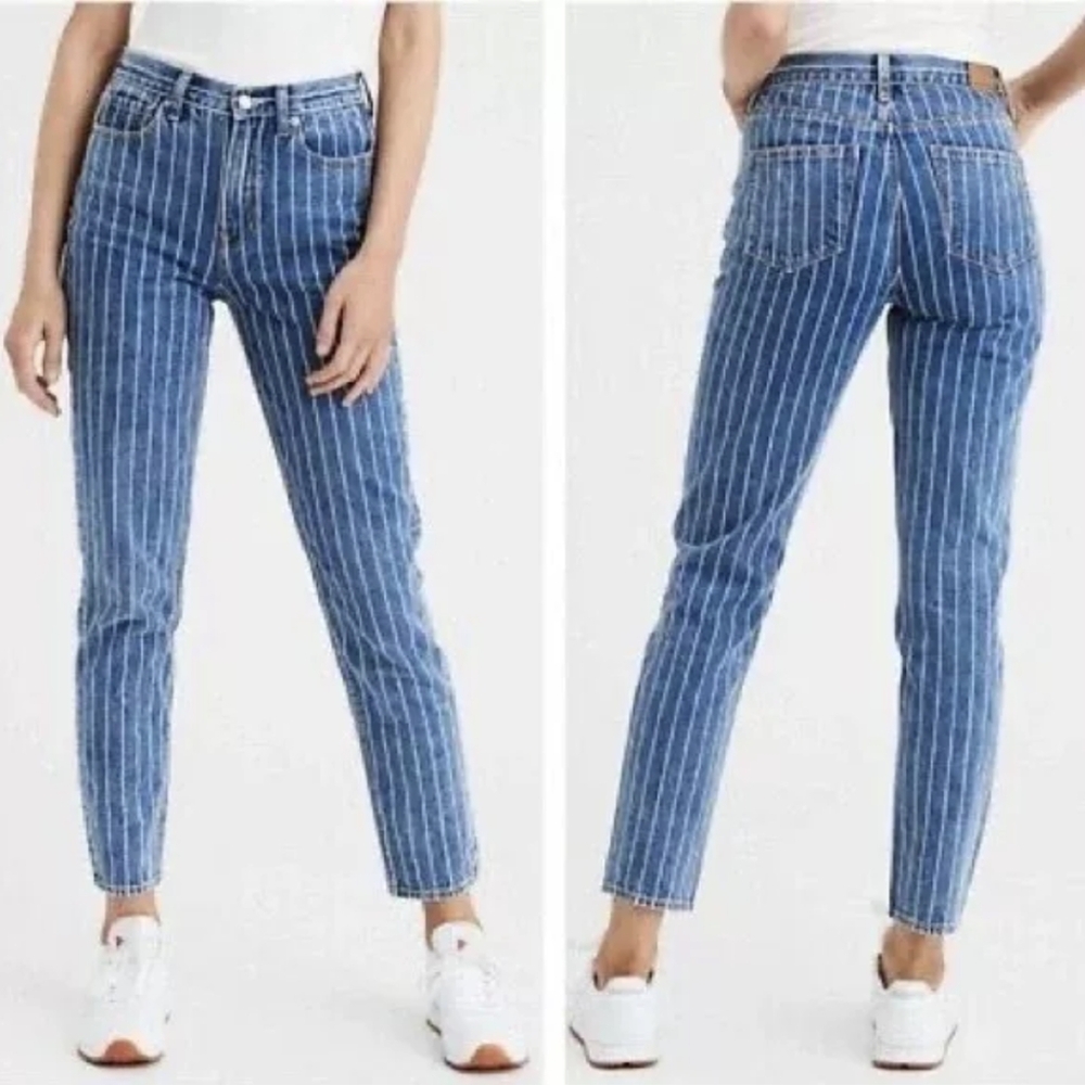 American Eagle Regular Mom Jean High Rise Retro Indigo Stripe Cotton Women 0